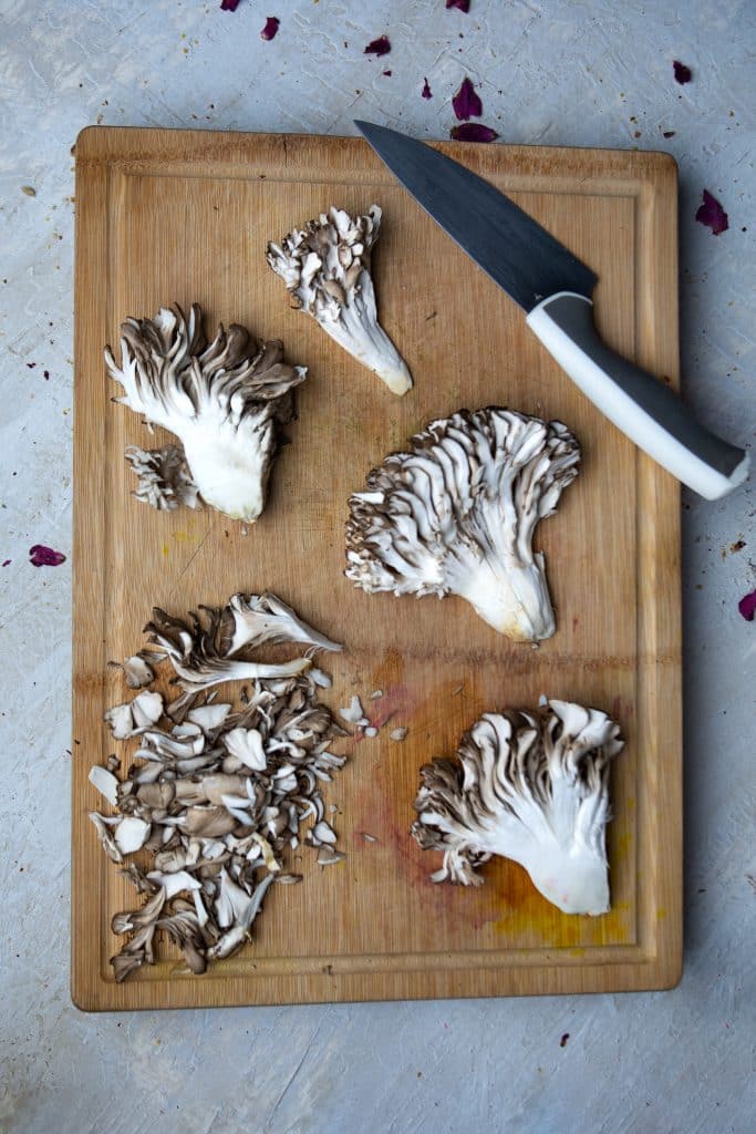 Maitake Mushrooms on a cutting board