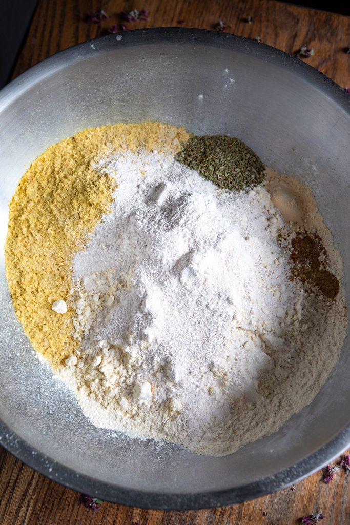 Seitan Chicken Recipe where all the dry ingredients are in a bowl, waiting to be stirred 