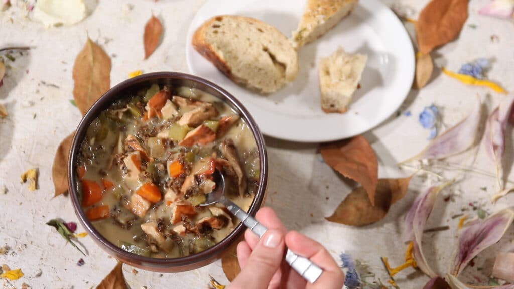 Chicken of the woods wild rice soup with some bread.