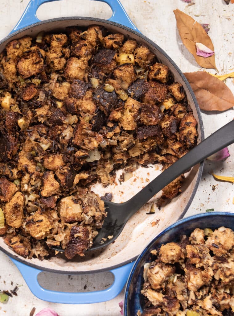 Minnesotan Wild Mushroom Rice Stuffing in a Casserole dish