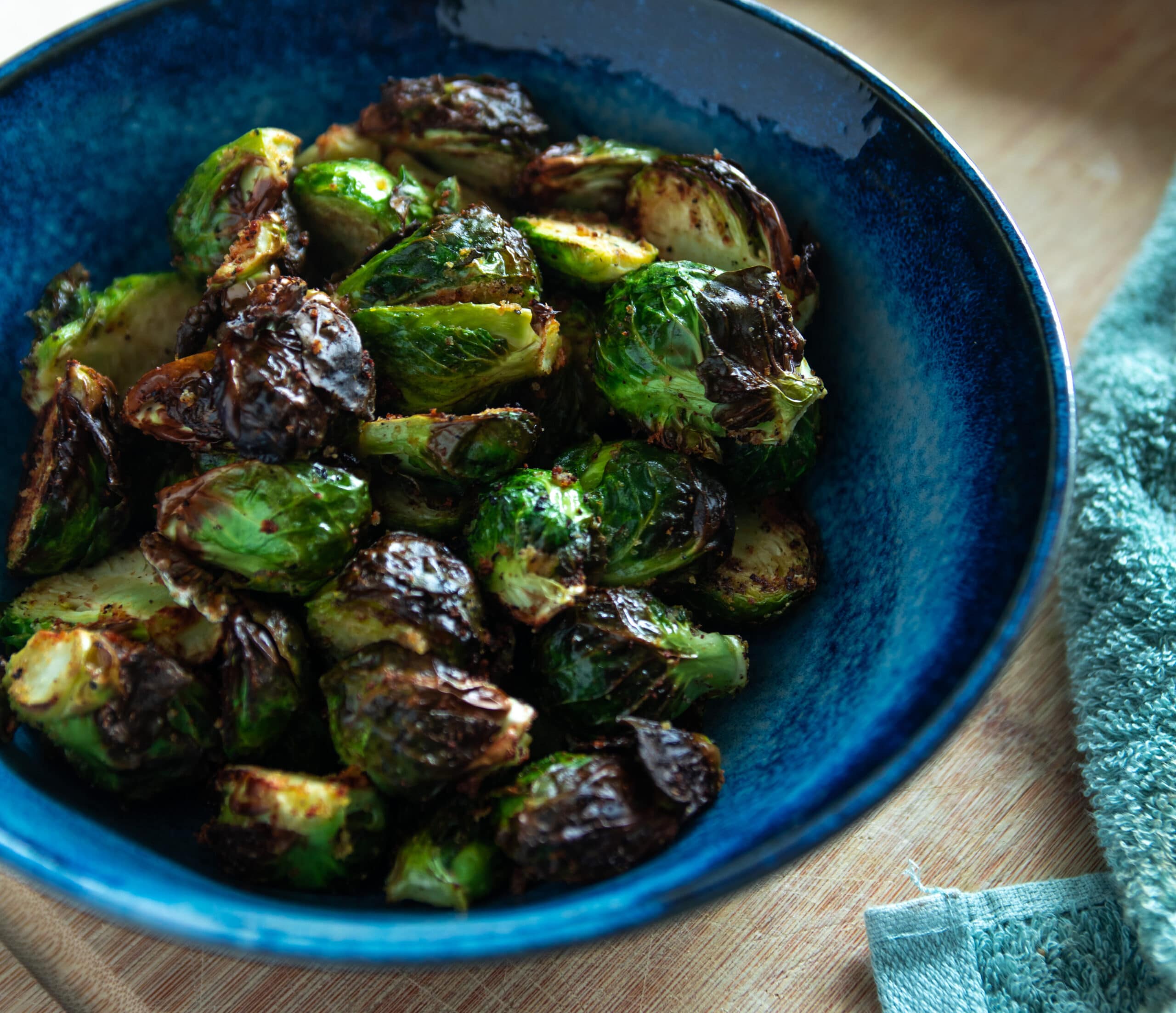 A bowl of air fried brussels sprouts