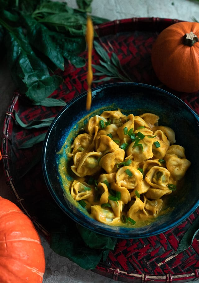 pumpkin sauce with tortellini in a bowl