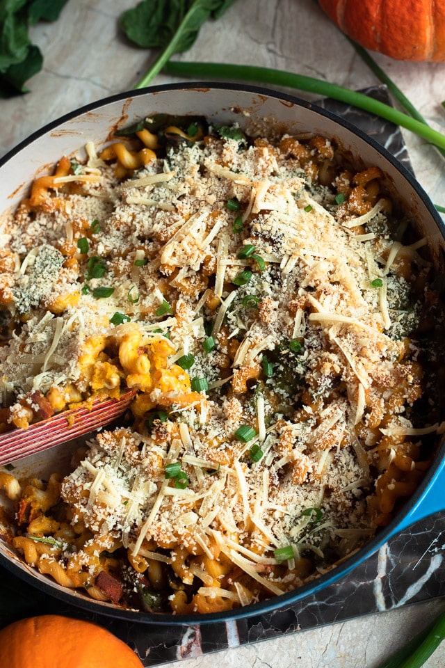 Pumpkin pasta with a crispy top