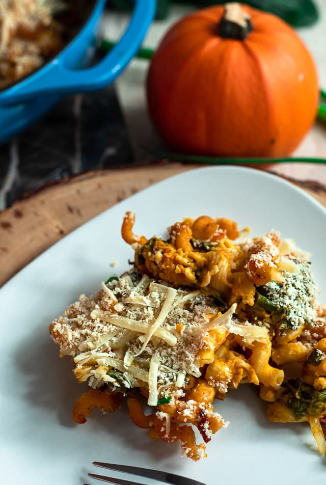 Pumpkin Pasta with crispy breadcrumbs and cheese on a plate 