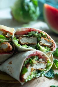 A vegan wrap cut in half exposing plant based chicken, watermelon, and lettuce