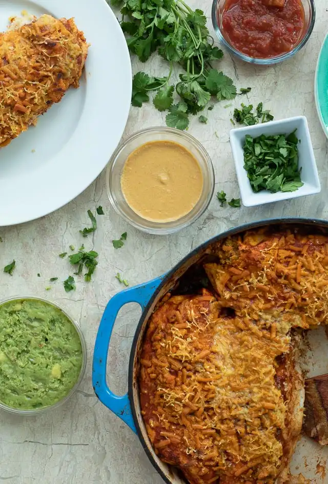 enchiladas, salsa, and guacamole 