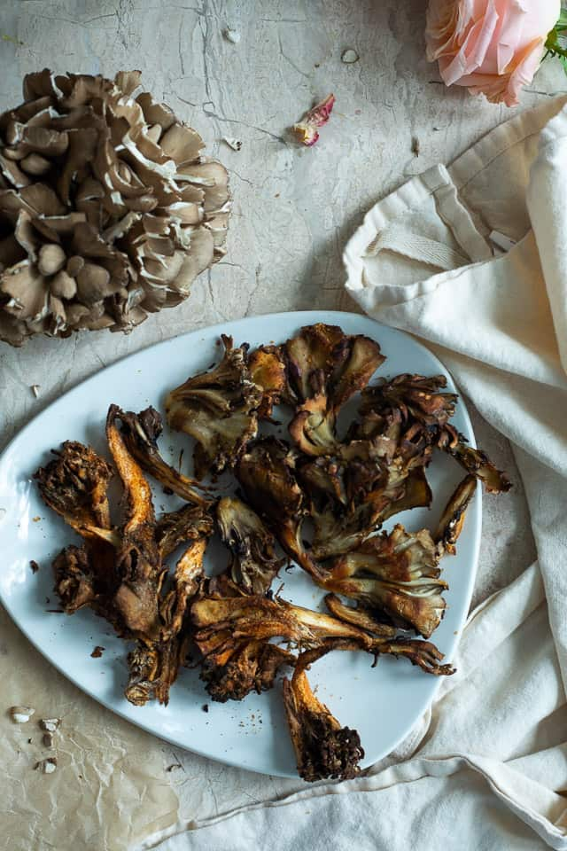 A plate of roasted maitakes