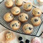 blackberry muffins on a cooling rack
