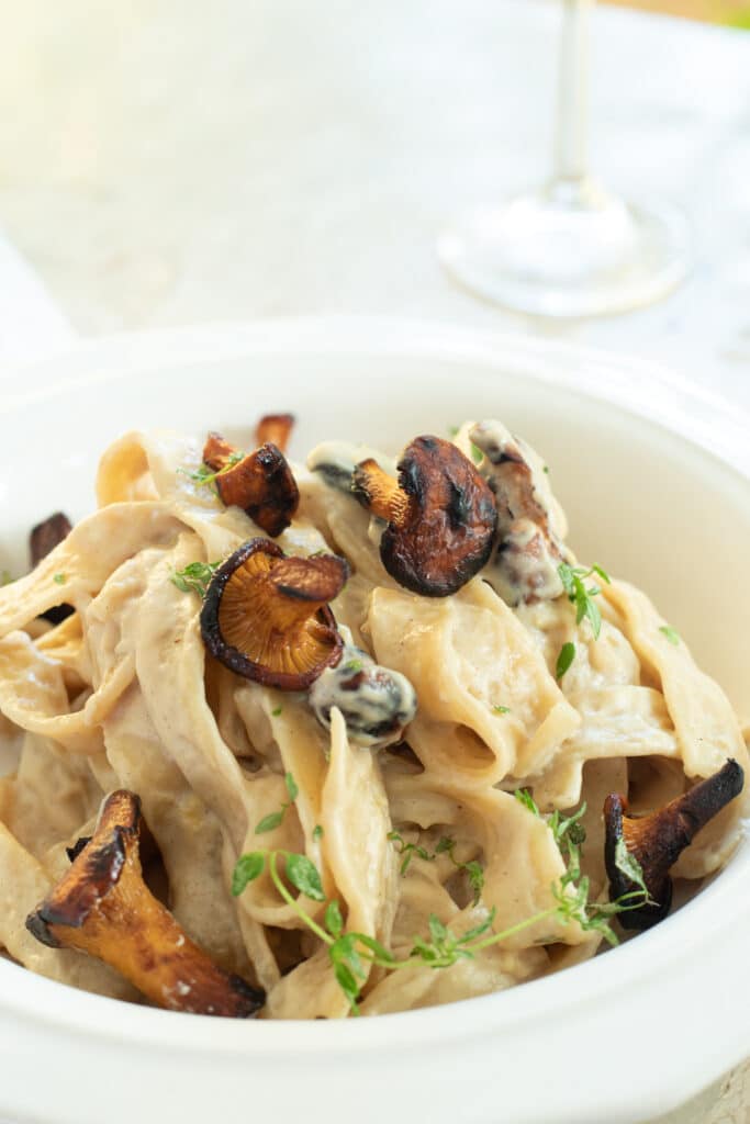 A bowl of creamy pasta with toasted mushrooms on top