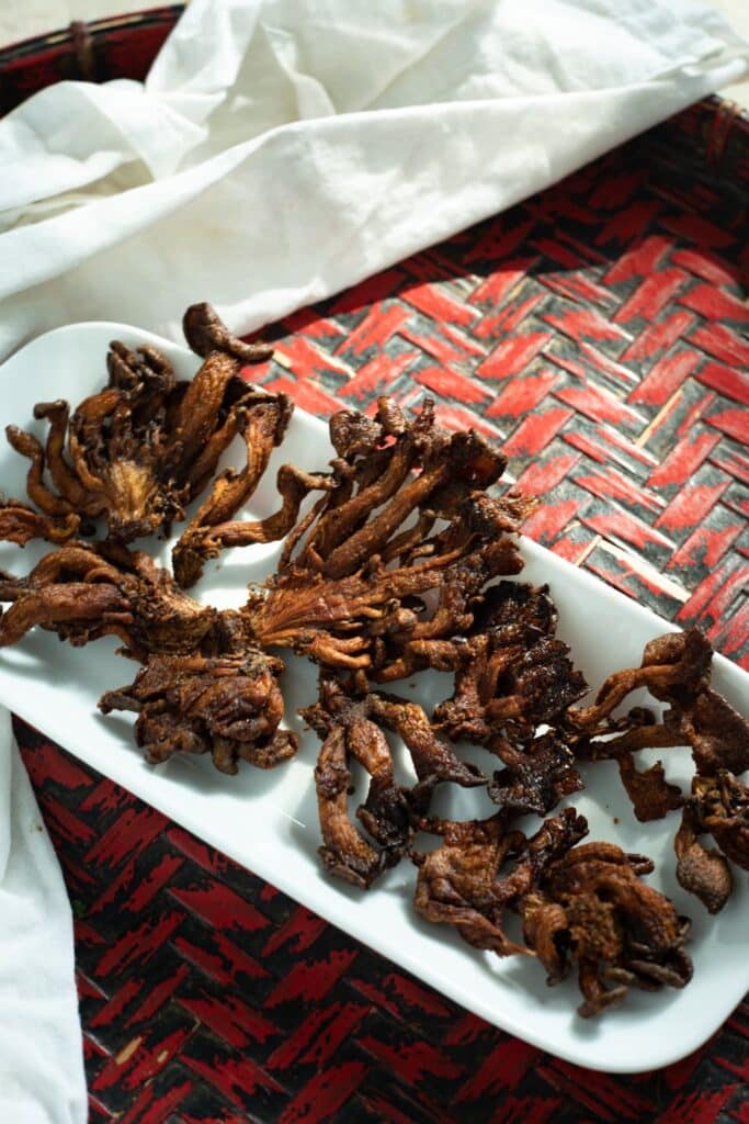 a plate of oyster mushroom jerky next to a white cloth
