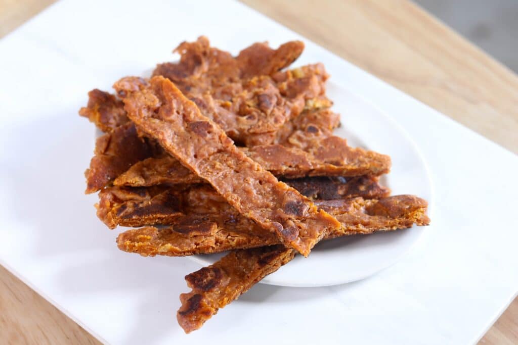 a plate filled with vegan jerky