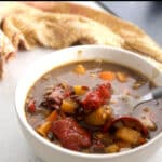 a bowl of vegan beef stew