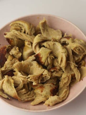 a plate of shredded seitan chicken